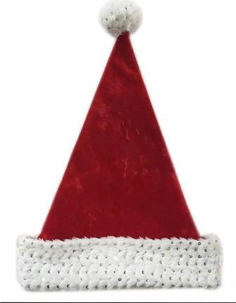 17" Red Velvet Hat w/Sequin Plush Cuff & Pom Party Expo