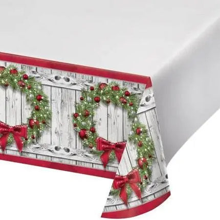 Apple Red & Green Rustic Wreath Border Print Tablecover (1ct) - Party Expo