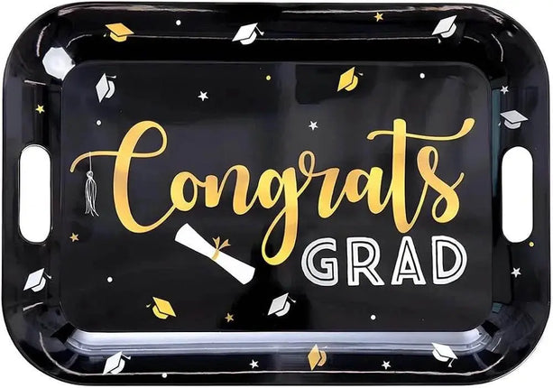 Black Melamine Congrats Grad Serving Tray with Handles (1ct) - Party Expo