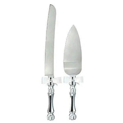Elegant Silver Server Set with White Bow & Gem for Wedding Cakes - Party Expo