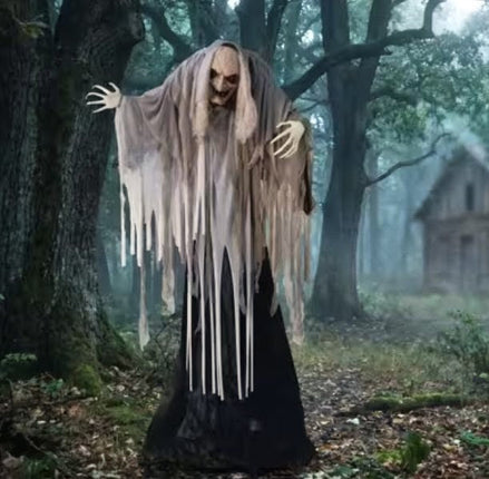 Life-Size Animated Wrinkled Reaper with Hair Standing Halloween Decoration - 5 ft Party Expo