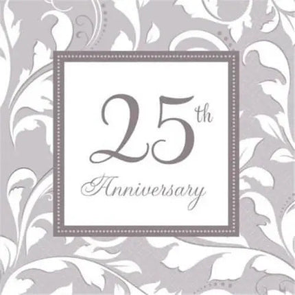 Silver Elegant Scroll 25th Anniversary Beverage Napkins (16ct) - Party Expo