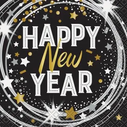 Black & Gold Happy New Year Beverage Napkins (16ct) - Party Expo