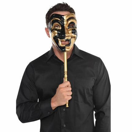 Mens Gold Jester Venetian Stick Masquerader Ball Mask - Party Expo