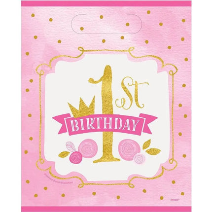 Pink & Gold 1st Birthday Loot Bags (8ct) - Party Expo