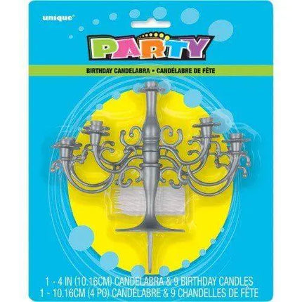 Silver Candelabra Cake Topper with Birthday Candles - Party Expo