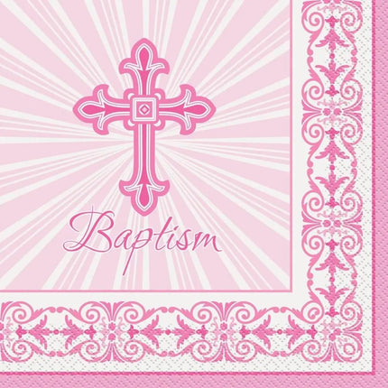 16 Pink Radiant Radiant Cross Baptism Lunch Napkin (16ct) - Party Expo
