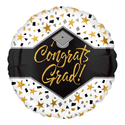 18" Congrats Grad Stars Confetti Graduation Mylar Balloon - Black, Silver, Gold Party Expo