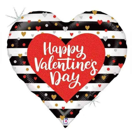 30" Black & White Stripes Valentine Heart Holographic Mylar Balloon - V11 Party Expo