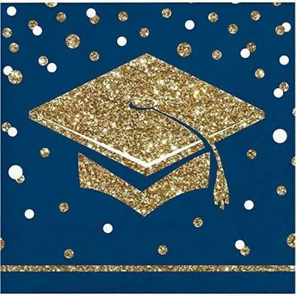 5" Glittering Grad Beverage Napkins - Gold, Navy, and White (36ct) Party Expo