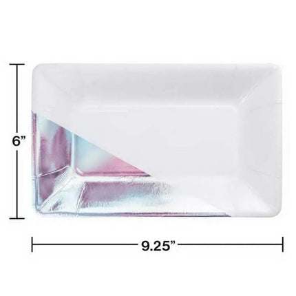 9" White Iridescent Foil Rectangular Paper Plates Party Expo