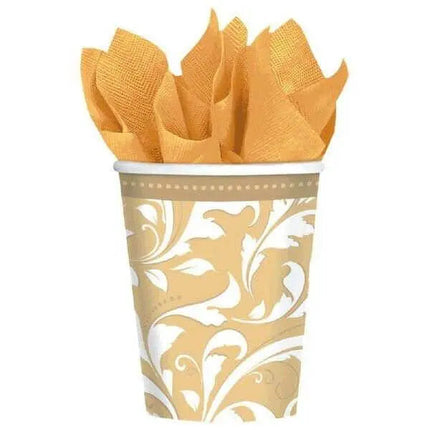 9oz Gold Elegant Scroll Paper Cups (8ct) - Party Expo