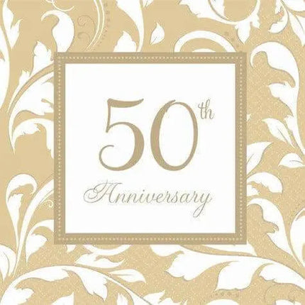Gold Elegant Scroll 50th Anniversary Beverage Napkins (16ct) - Party Expo