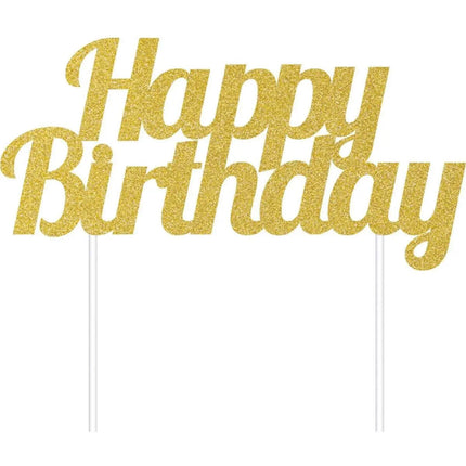 Gold Glitter 'Happy Birthday' Cake Topper - Party Expo