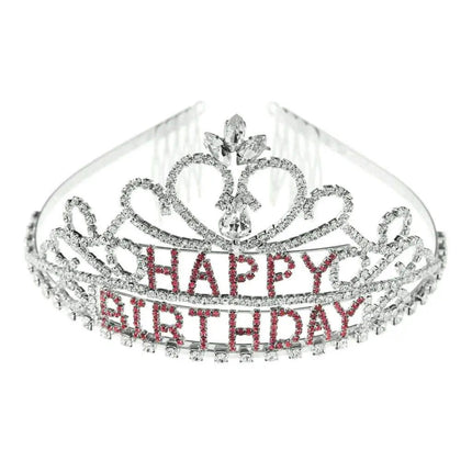 Happy Birthday Tiara - Silver with Pink Stones - Party Expo