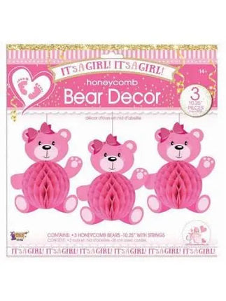 It's A Girl Honeycomb Bear Decoration - Party Expo
