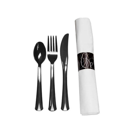 Napkin Roll with Fork, Knife, Spoon - Black (25ct) - Party Expo