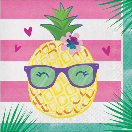 Pink & Green Happy Pineapple Striped Lunch Napkins (16ct) - Party Expo