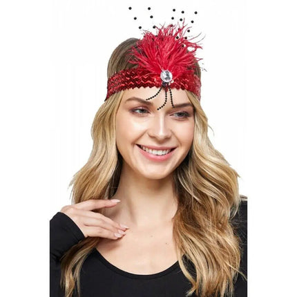 Red Flapper Gatsby Costume Headpiece Headband with Feather - Party Expo