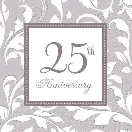 Silver Elegant Scroll 25th Anniversary Lunch Napkins (16ct) - Party Expo