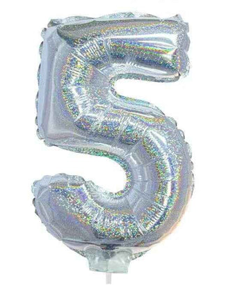 Balloon on Stick - 16" Silver Number 5 - Holographic