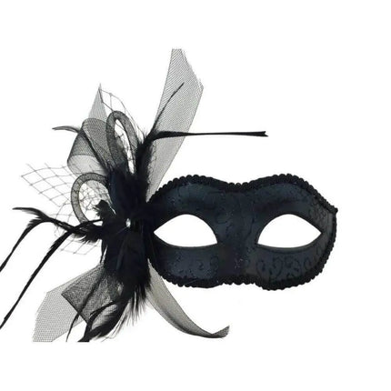 Black Mask with Feather and Veil - Party Expo