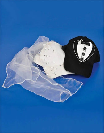 Bride & Groom Costume Baseball Hat Set with Sequins, Tule Veil, & Tuxedo - Party Expo