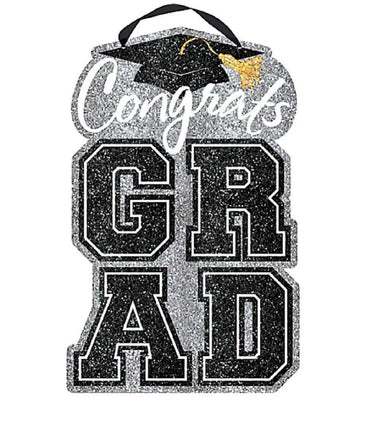 Congrats Grad Silver Glitter Hanging Decoration Sign (20x12") Party Expo