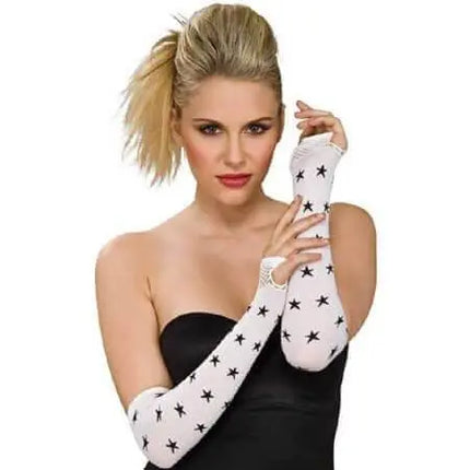Fingerless Gloves White with Black Stars - Party Expo