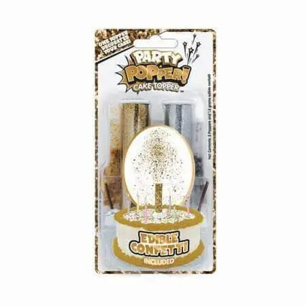 Gold & Silver Party Poppers Cake Topper with Confetti - Party Expo