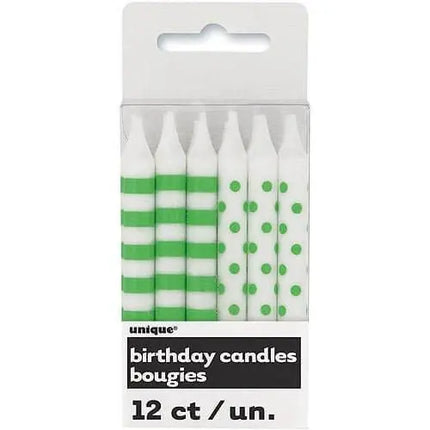 Lime Green Stripes & Dots Birthday Candles (12ct) - Party Expo