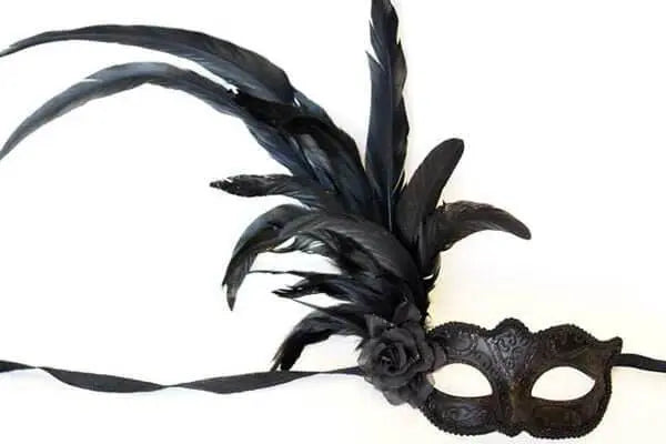 Mask with Side Rose and Feather - Black - Party Expo