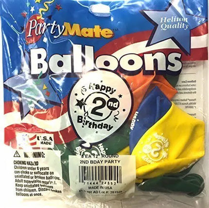 PartyMate - 12" Happy 2nd Birthday Party Latex Balloons (8ct) Party Expo