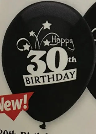 PartyMate - 12" Happy 30th Birthday Shooting Stars Latex Balloons - Black (8ct) Party Expo