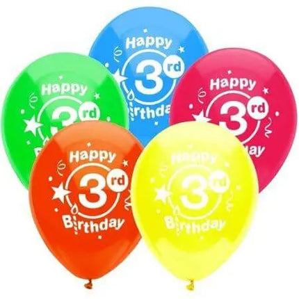 PartyMate - 12" Happy 3rd Birthday Party Latex Balloons - Multicolor (8ct) Party Expo