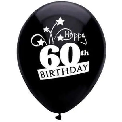 PartyMate - 12" Happy 60th Birthday Shooting Stars Latex Balloons - Black (8ct) Party Expo