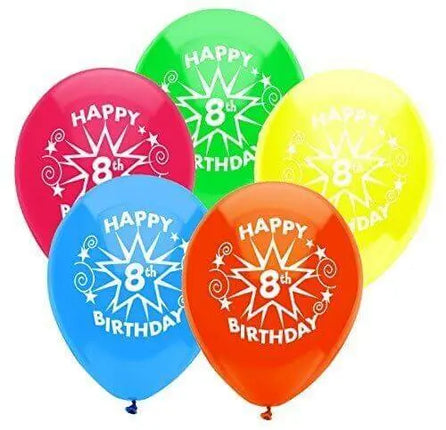 PartyMate - 12" Happy 8th Birthday Star Latex Balloons - Multicolor (8ct) Party Expo