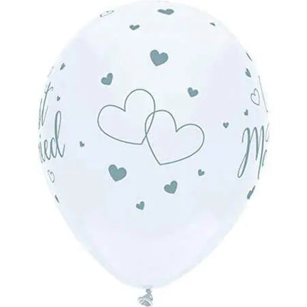 PartyMate - 12" White Just Married Hearts Latex Balloons (6ct) Party Expo