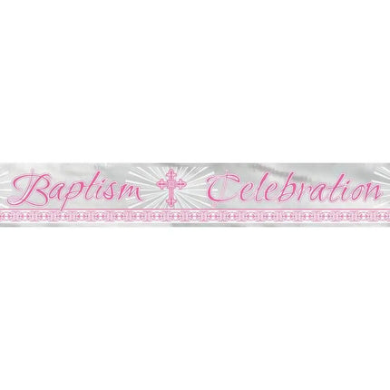 Pink Radiant Cross Baptism Foil Banner - 12ft. - Party Expo