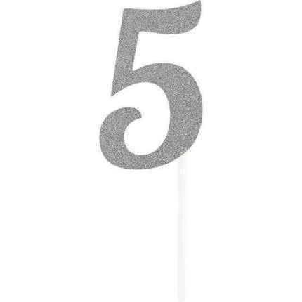 Silver Glitter Number '5' Cake Topper - Party Expo