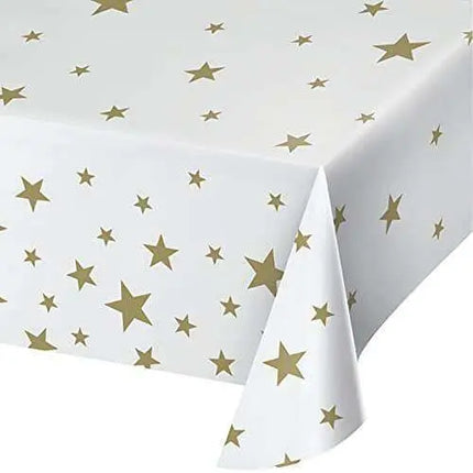 White & Gold Plastic Tablecover with Stars (1ct) - Party Expo