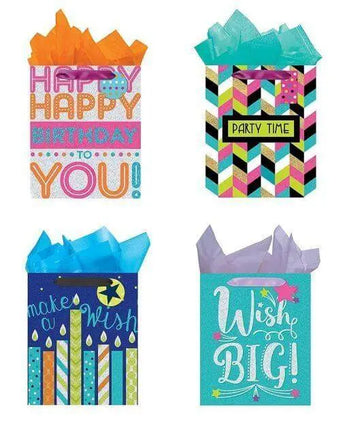 Tri-Glitter Large Birthday Bag with Tissue Paper - Party Expo