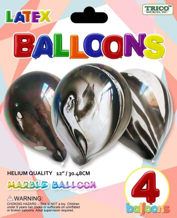 Trico - 12" Marble Agate Latex Balloons - Black & White (4ct) Party Expo