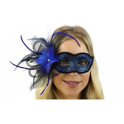 Venetian Mask with Feather and Veil - Blue - Party Expo