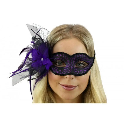 Venetian Mask with Feather and Veil - Purple - Party Expo
