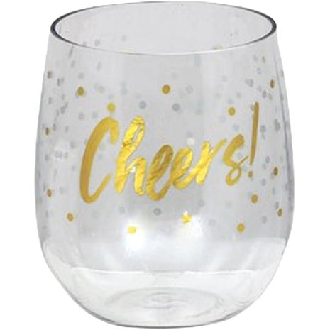 14oz "Cheers!" Plastic Stemless Wine Tumbler - SKU:329904 - UPC:039938484705 - Party Expo