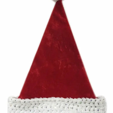 17" Red Velvet Hat w/Sequin Plush Cuff & Pom Party Expo  