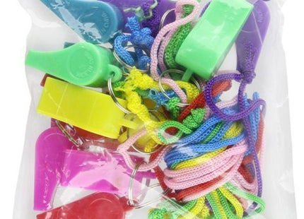 2" Neon Plastic Whistle Necklaces with Rope (12ct) - SKU:CA-WHINP - UPC:097138622846 - Party Expo