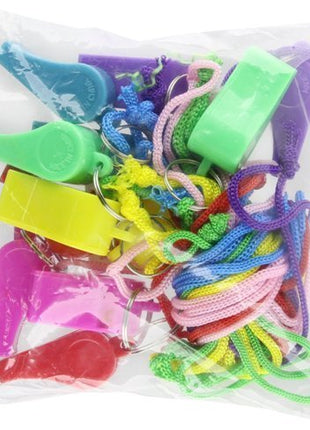 2" Neon Plastic Whistle Necklaces with Rope (12ct) - SKU:CA-WHINP - UPC:097138622846 - Party Expo