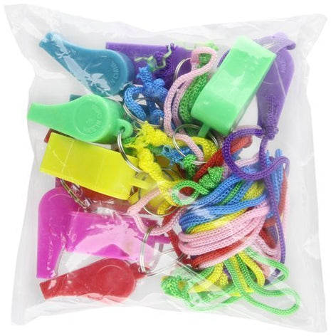 2" Neon Plastic Whistle Necklaces with Rope (12ct) - SKU:CA-WHINP - UPC:097138622846 - Party Expo